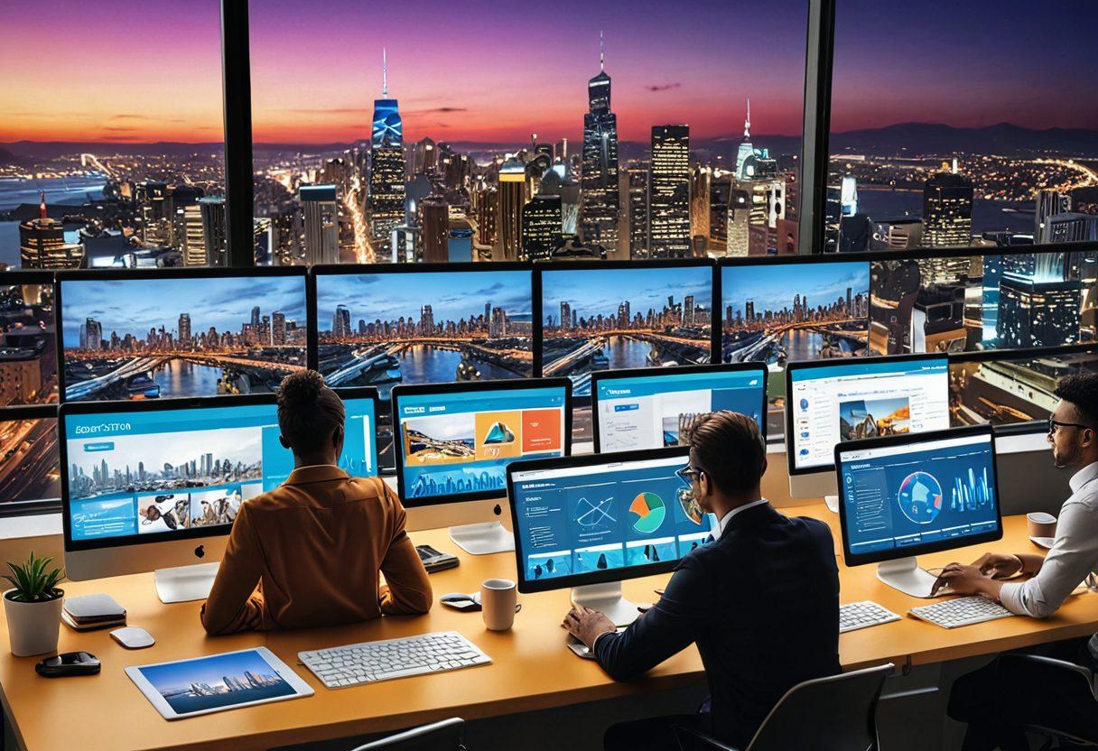 A sleek, modern office setting with diverse, professional individuals collaborating on a project, illustrated through multiple screens showcasing website designs, analytics, and marketing strategies, all on digital devices like laptops, tablets, and smartphones. The background features a panoramic view of a vibrant cityscape, highlighting innovation and connectivity. super-realistic. vibrant colors.