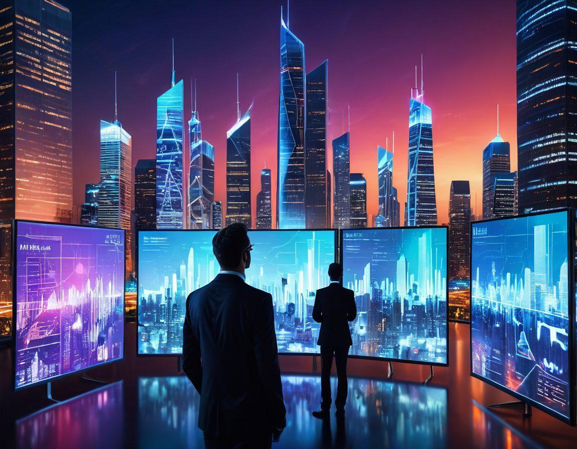 A futuristic cityscape with high-tech skyscrapers representing thriving businesses, connected by flowing digital streams displaying web solutions and digital marketing icons. Entrepreneurs analyzing holographic data charts surrounded by digital screens with modern marketing visuals. super-realistic. vibrant colors. futuristic style.